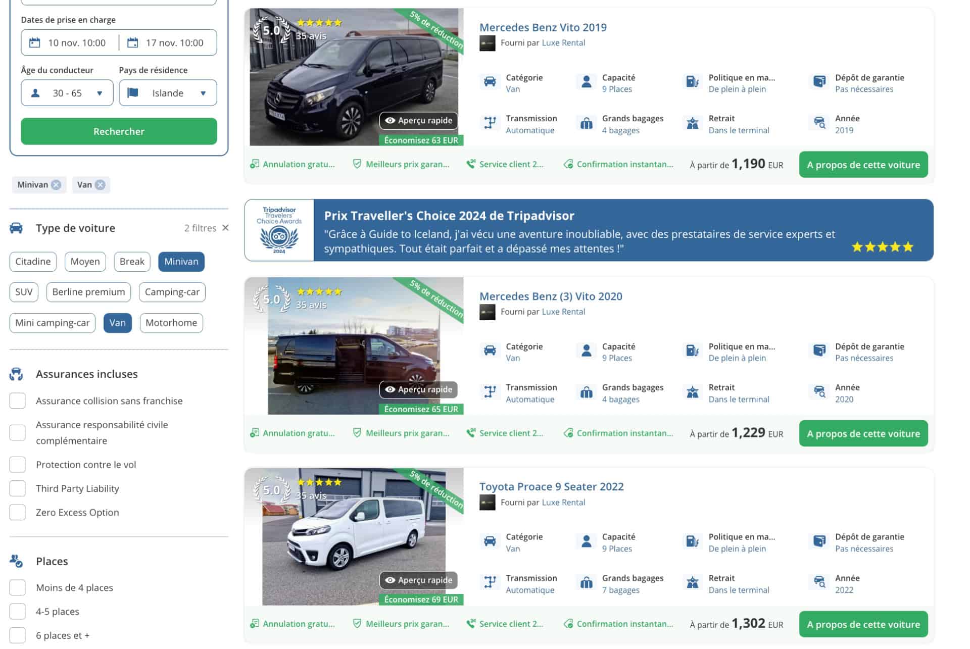 tarifs location van islande basse saison